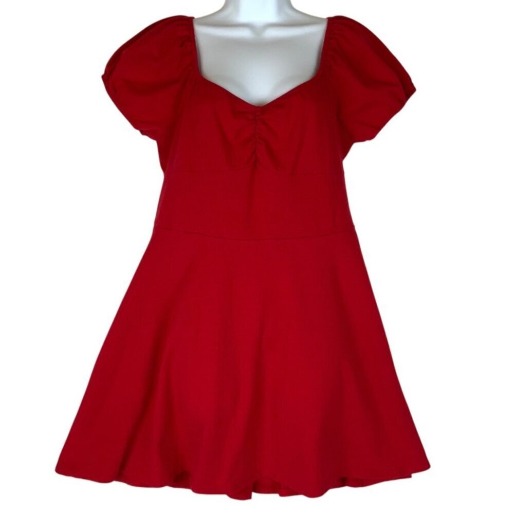 ModCloth Womens Red Knit Puff Sleeve Skater Dress Size Large Cotton Blend USA